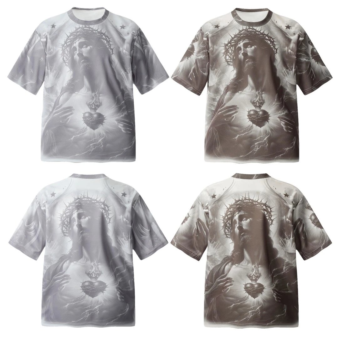 Saint Michael Jesus Sacred Heart Graphic T-Shirt Gray Tee