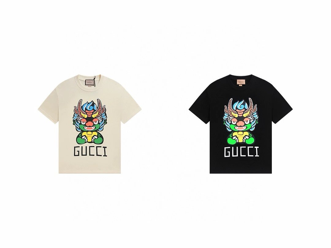 Gucci Beige Cartoon Dragon Print Unisex Cotton T-Shirt