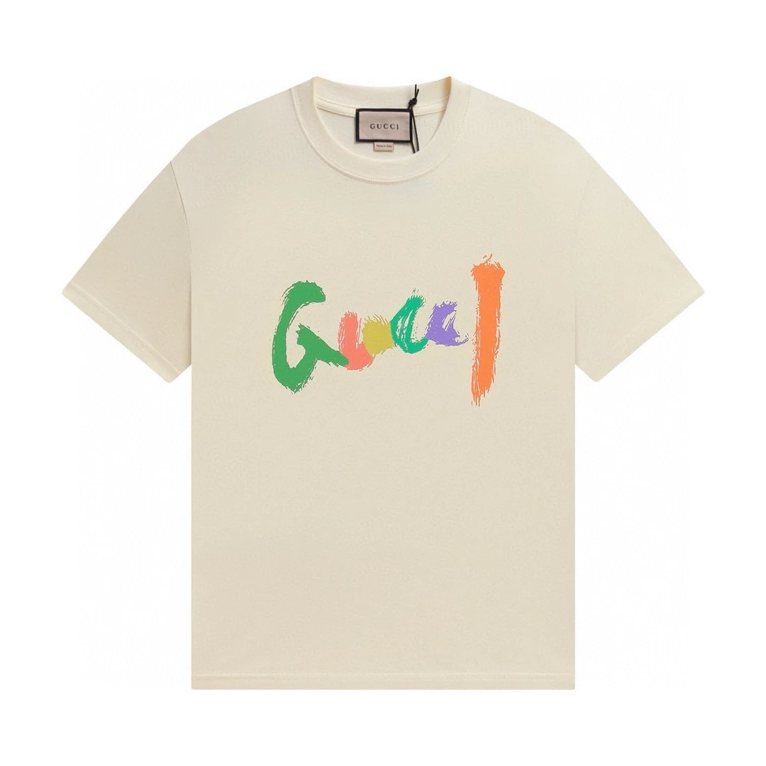 Gucci Beige Painted Logo Unisex Cotton T-Shirt