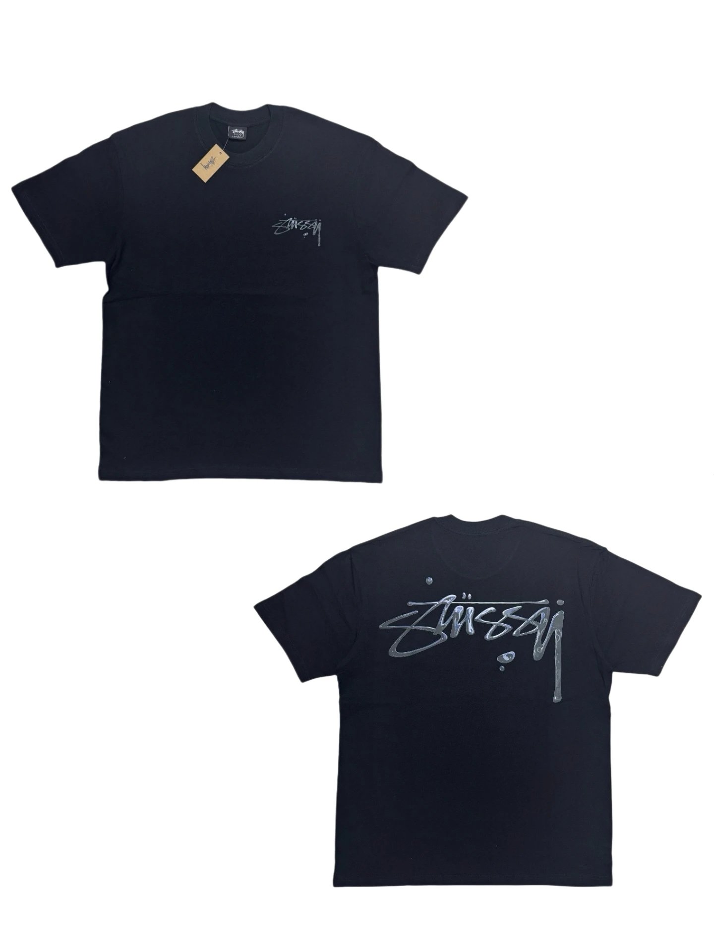 Stussy Black Cotton Crew Neck Front Logo Graffiti Unisex Tee
