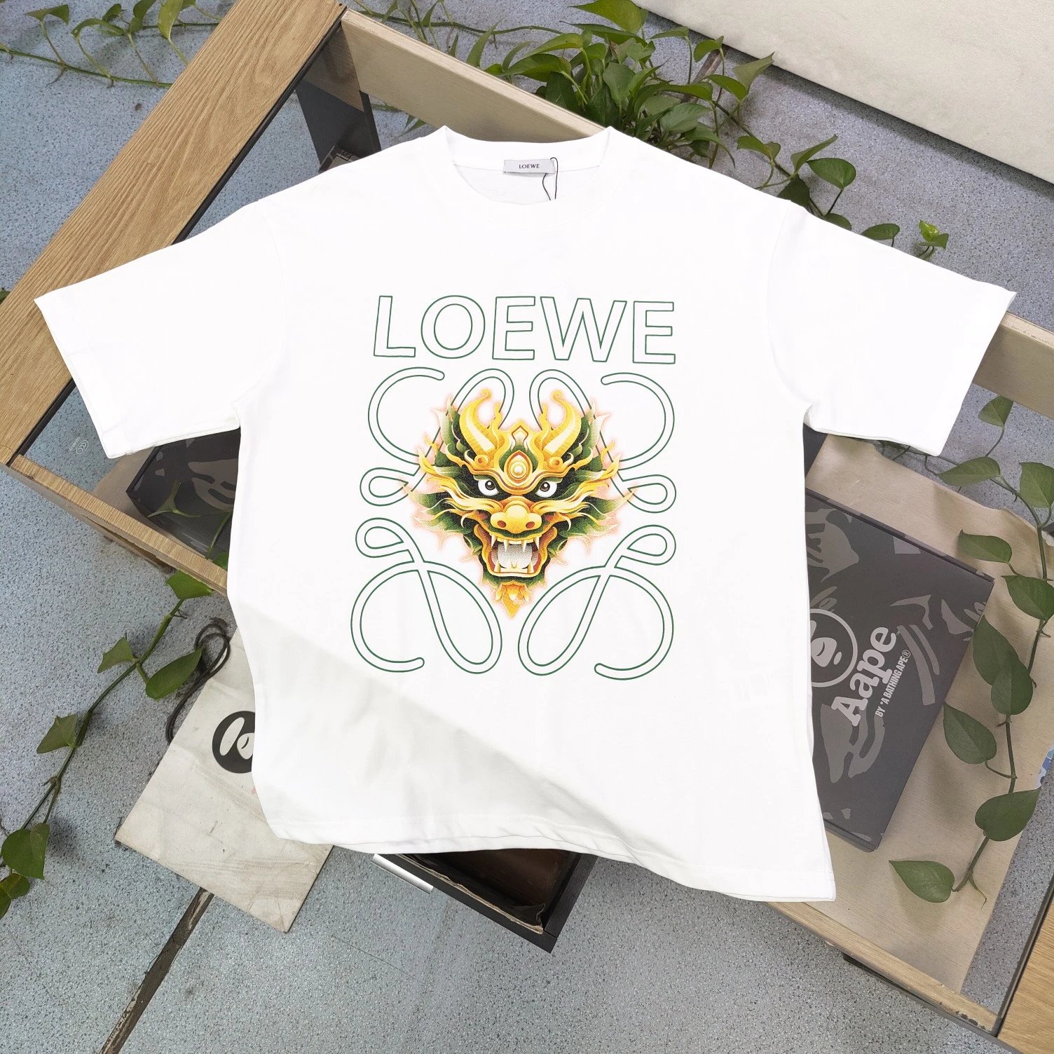 Loewe White Dragon Print Cotton Unisex T-Shirt