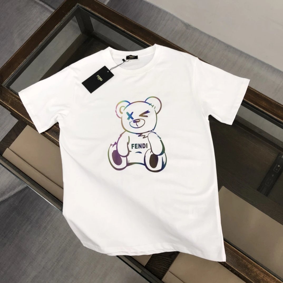 Fendi White Bear Logo Cotton T-Shirt Unisex Summer Top
