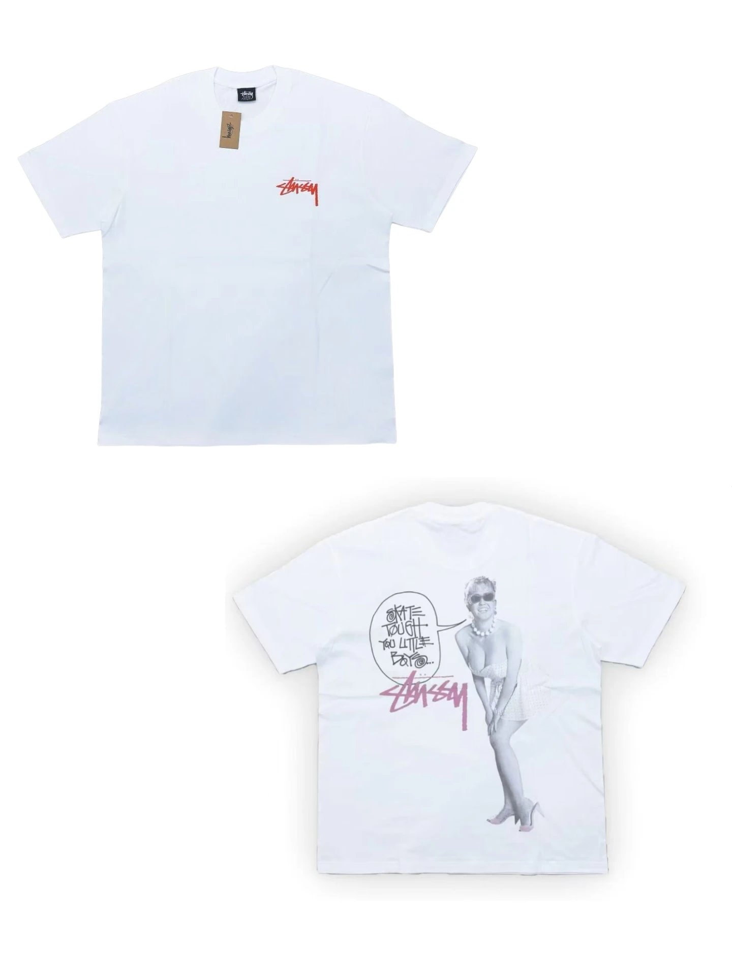 Stussy White Cotton Tee Red Logo Graffiti Back Print