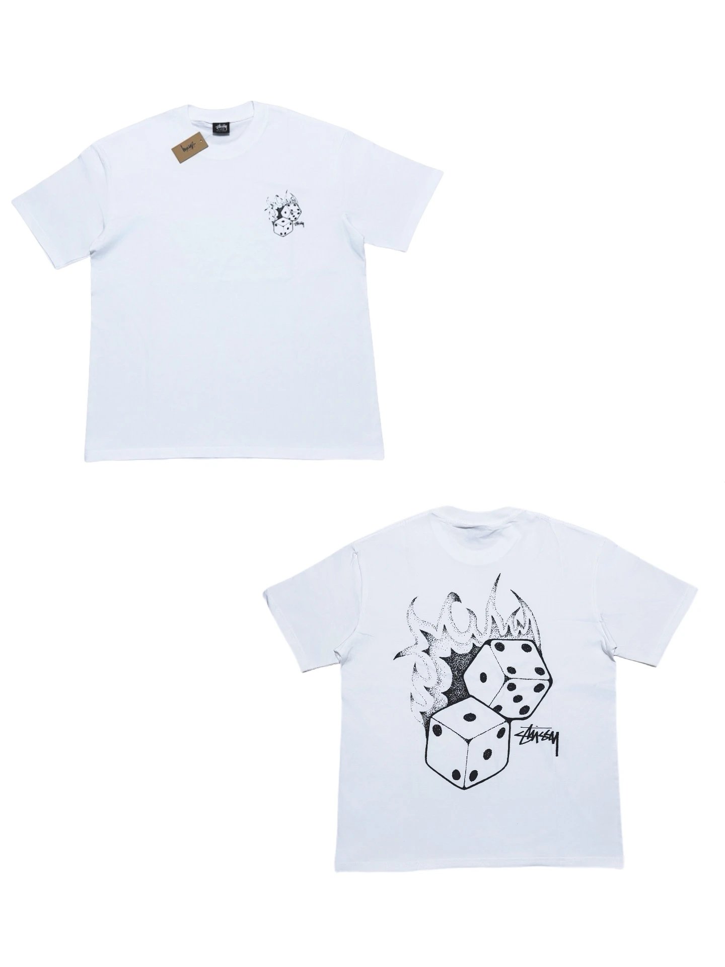 Stussy White Cotton Tee Dice Flame Back Print Loose Unisex