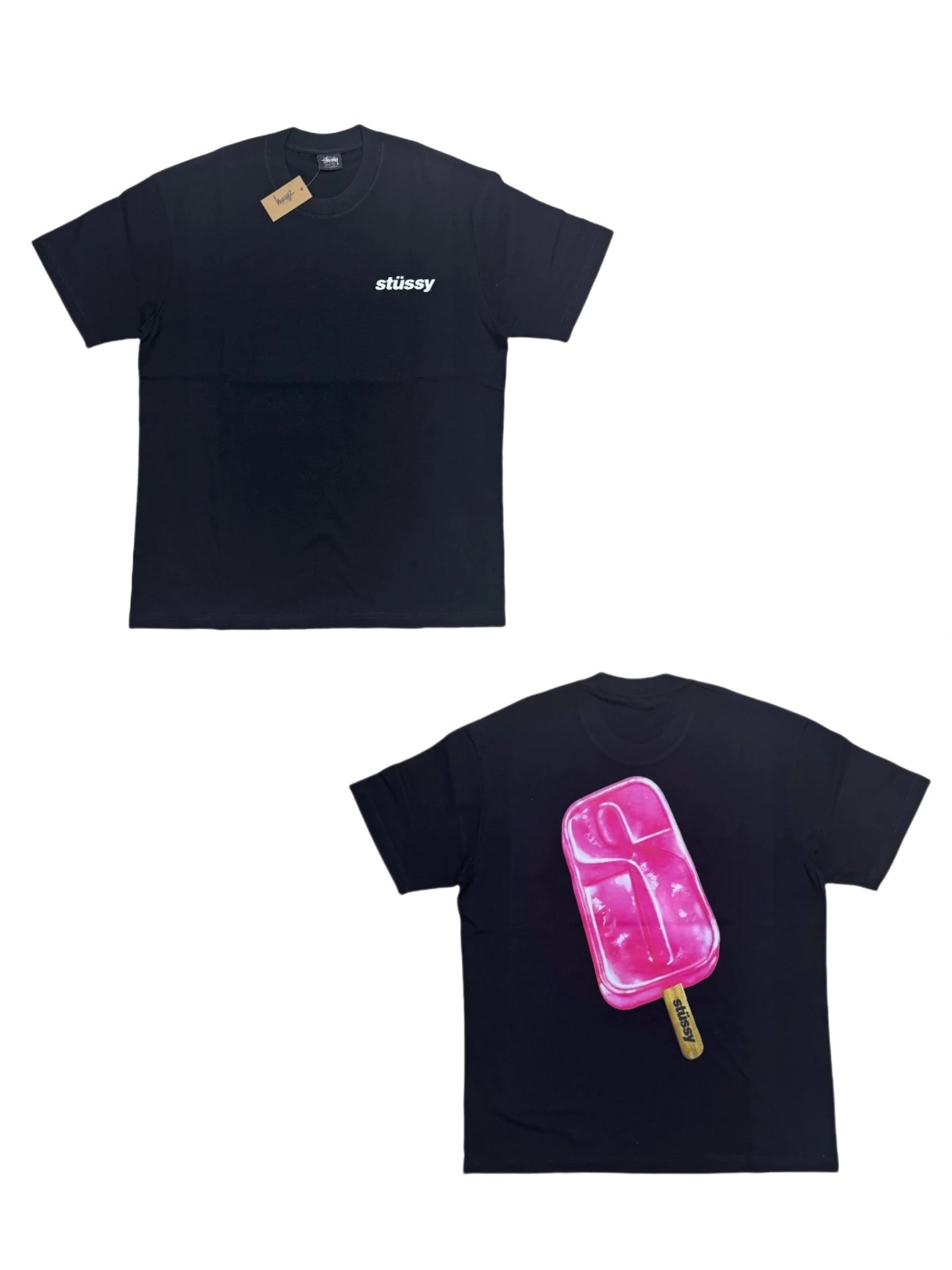 Stussy Black Vintage Logo Popsicle Back Graphic T-Shirt