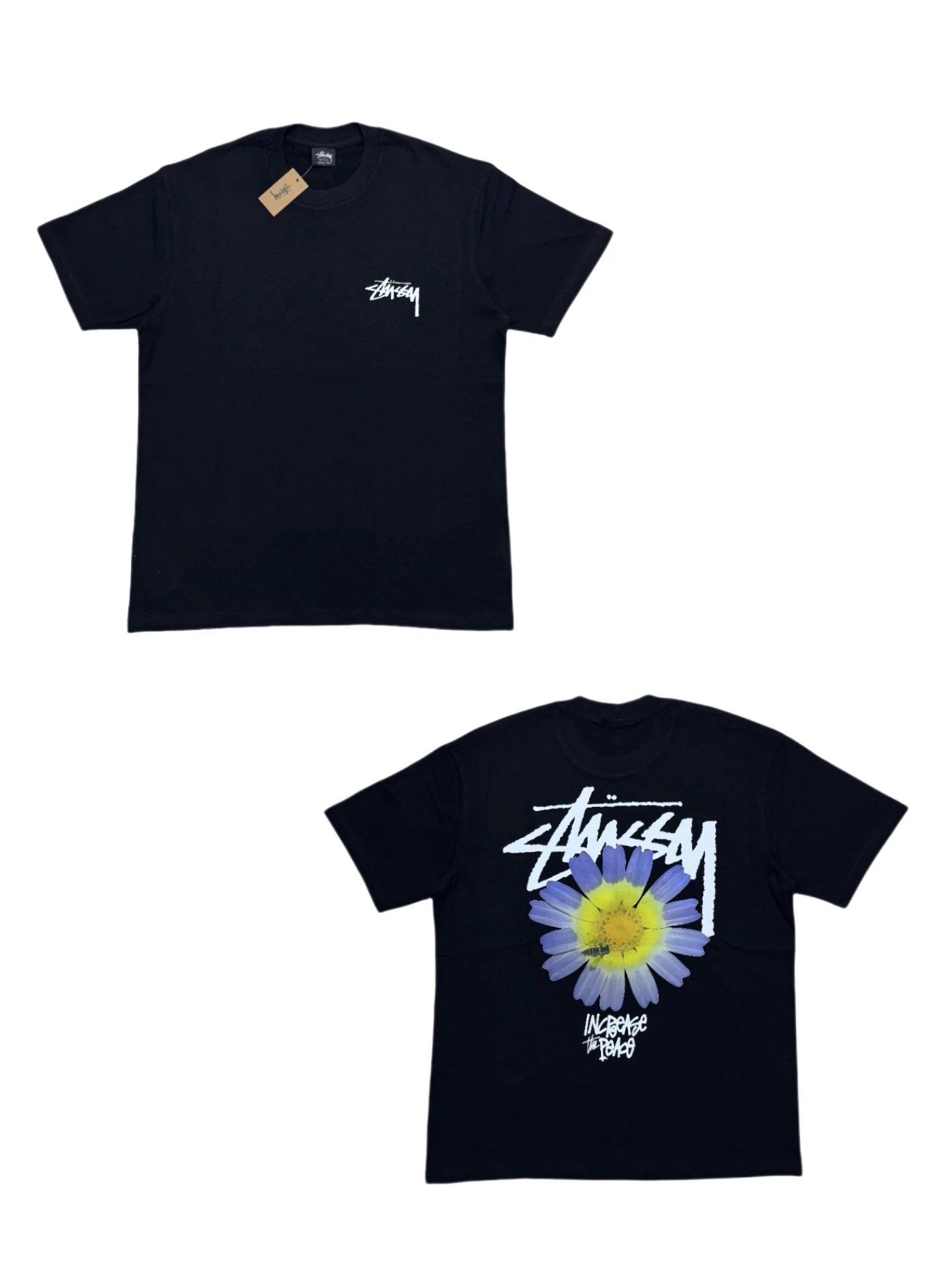 Stussy Black Daisy Logo Cotton T-Shirt Unisex Streetwear