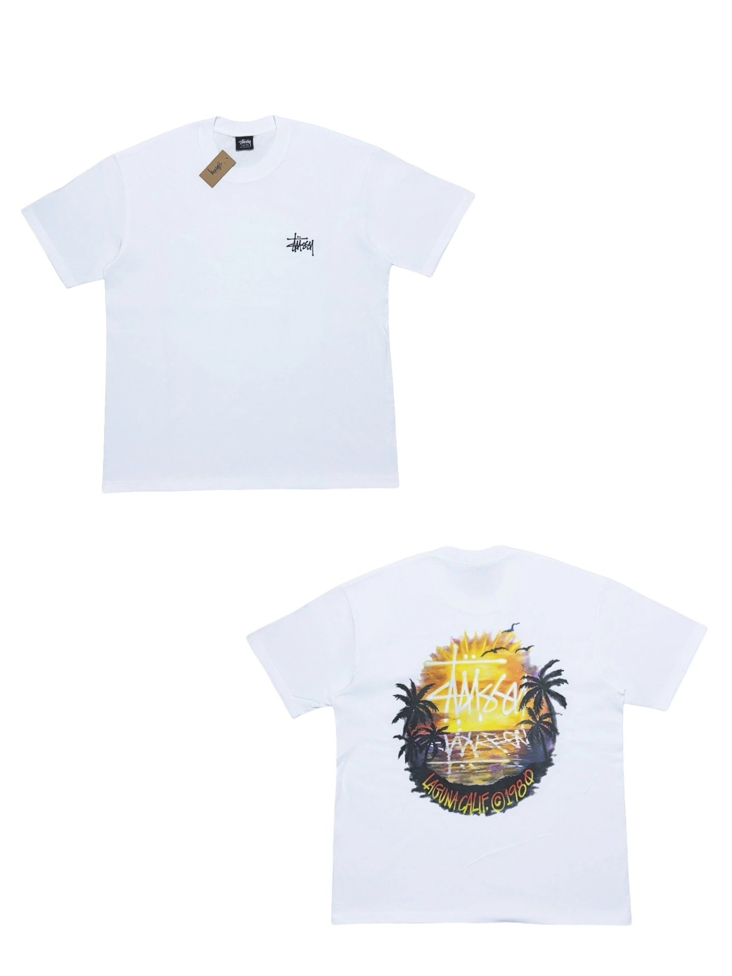 Stussy White Sunset Palm Back Print T-Shirt