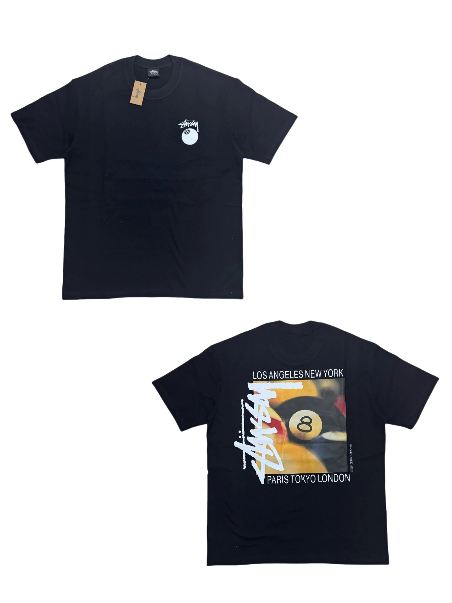 Stussy Black Cotton Logo 8-Ball City Graphic Tee