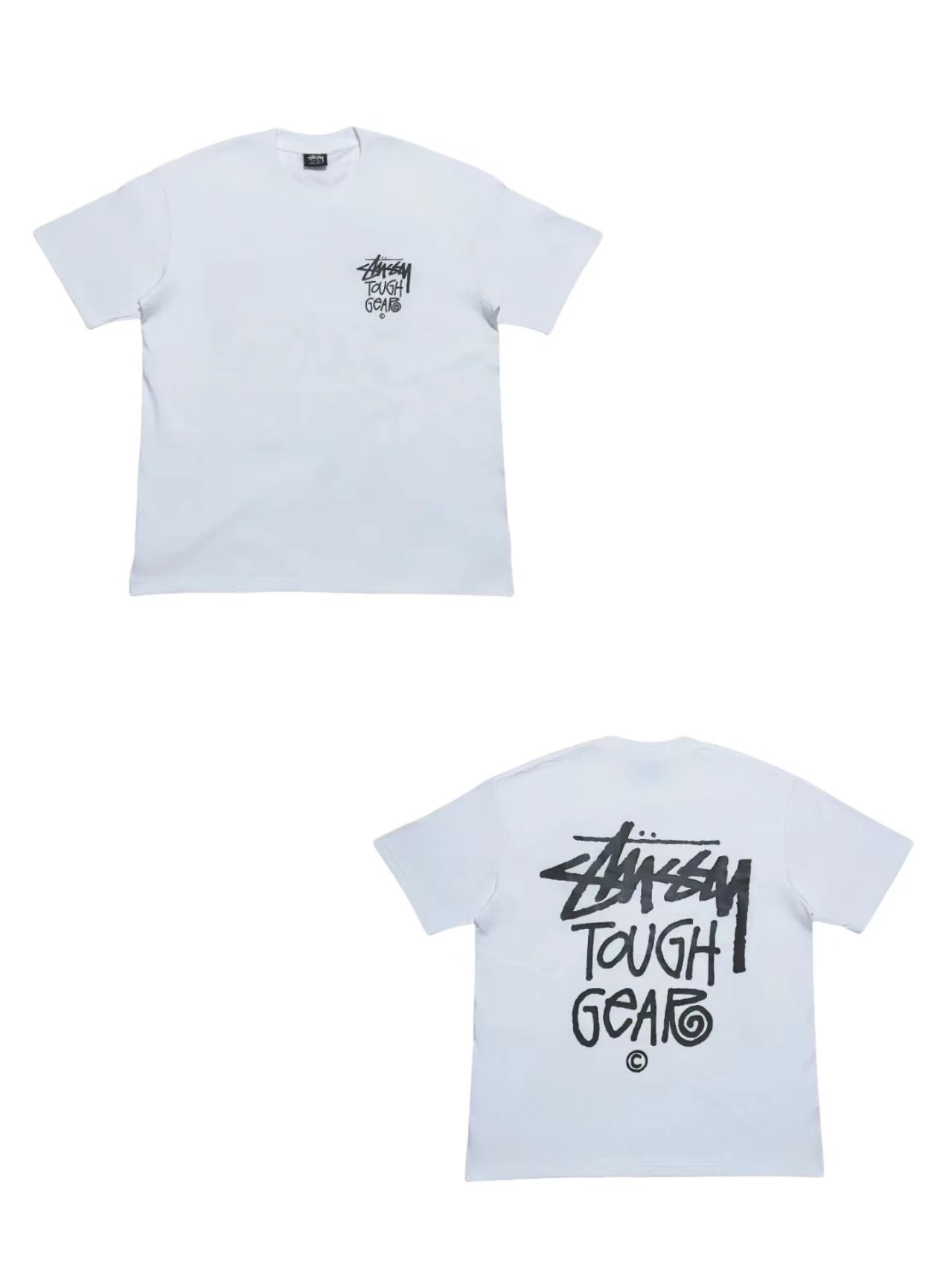 Stussy White Tough Gear Cotton Tee, Chest Logo Back Graffiti