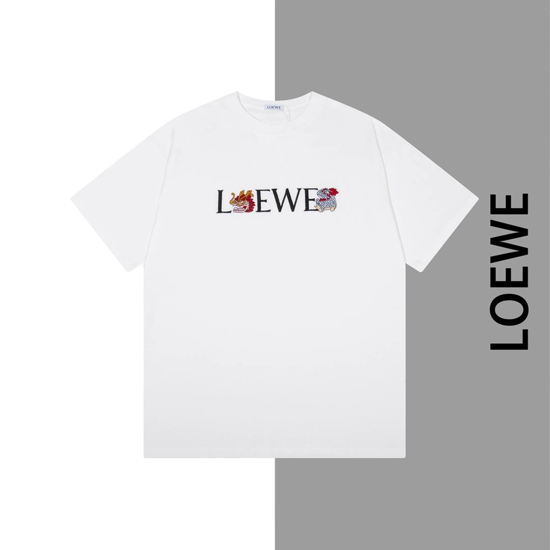 Loewe White Dragon Logo Embroidered Unisex Cotton T-Shirt