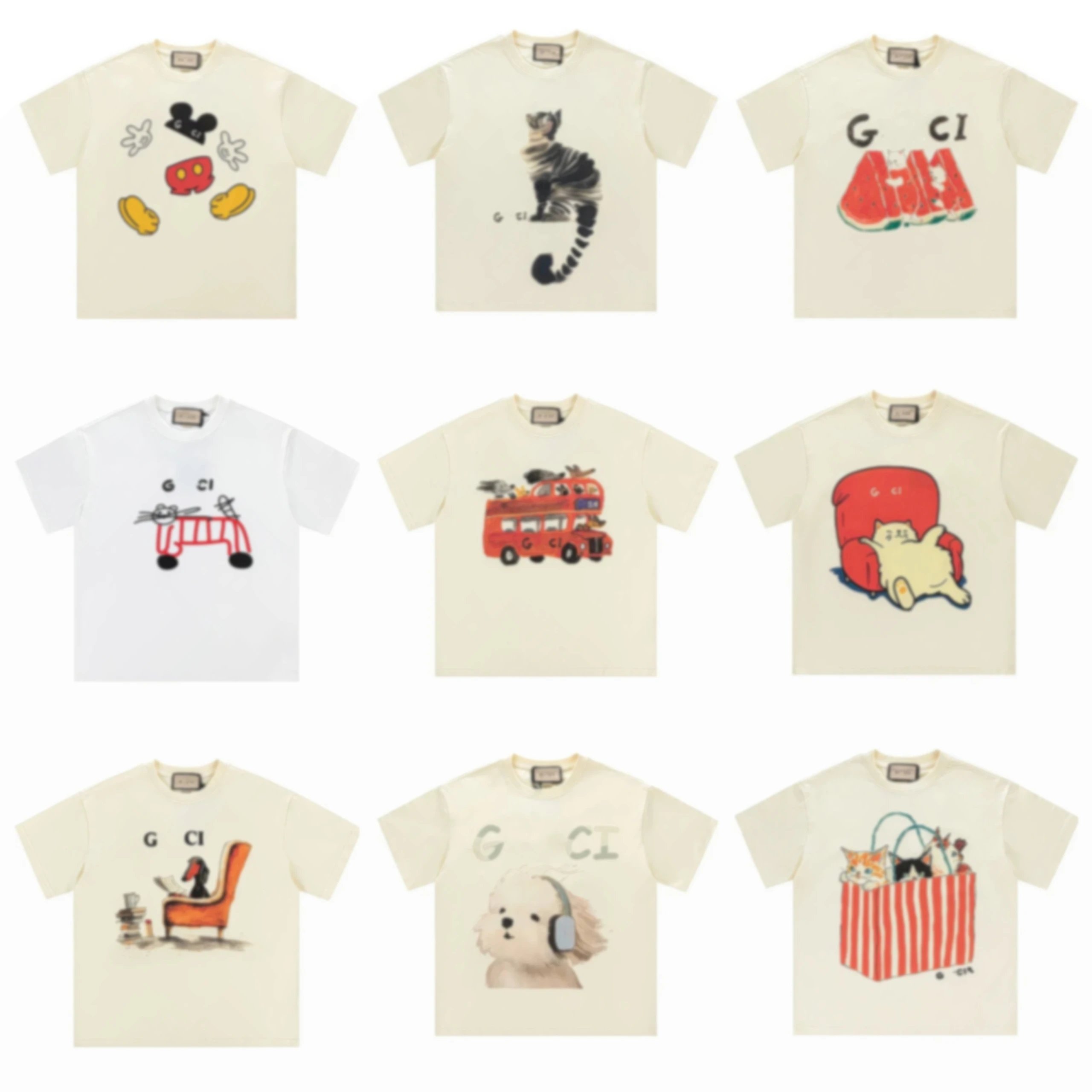Gucci Watermelon Cat Print Cream Casual T-Shirt
