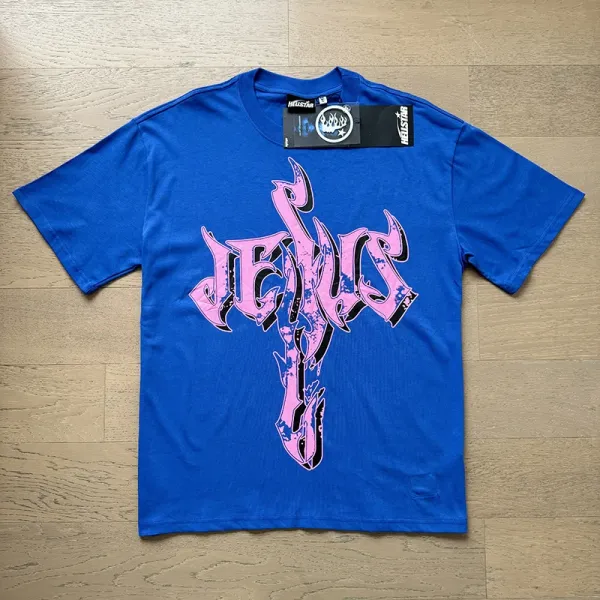 Hellstar Jesus Cross Graphic T-Shirt Blue - 1