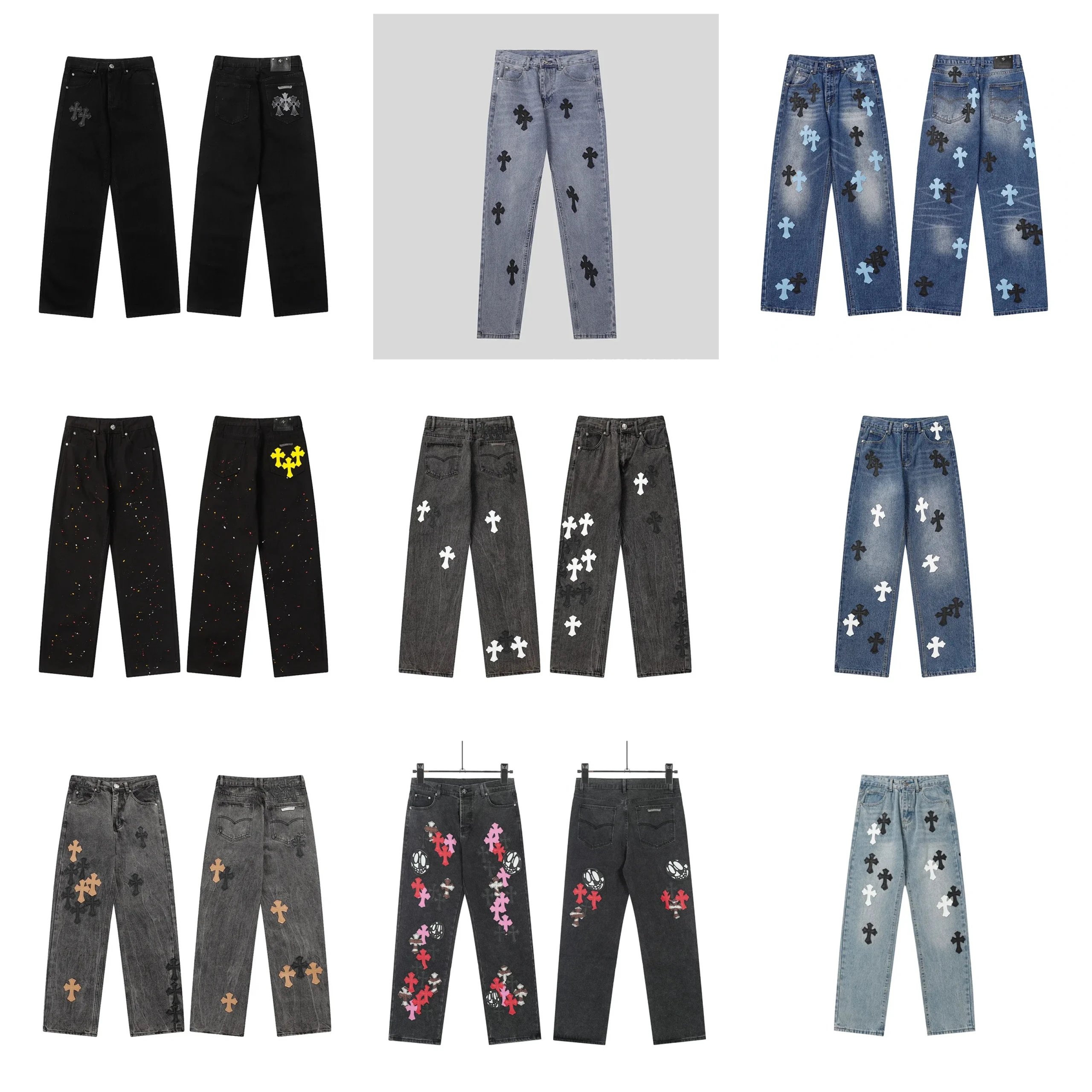 Cross Embroidered Jeans in Various Colors and Styles