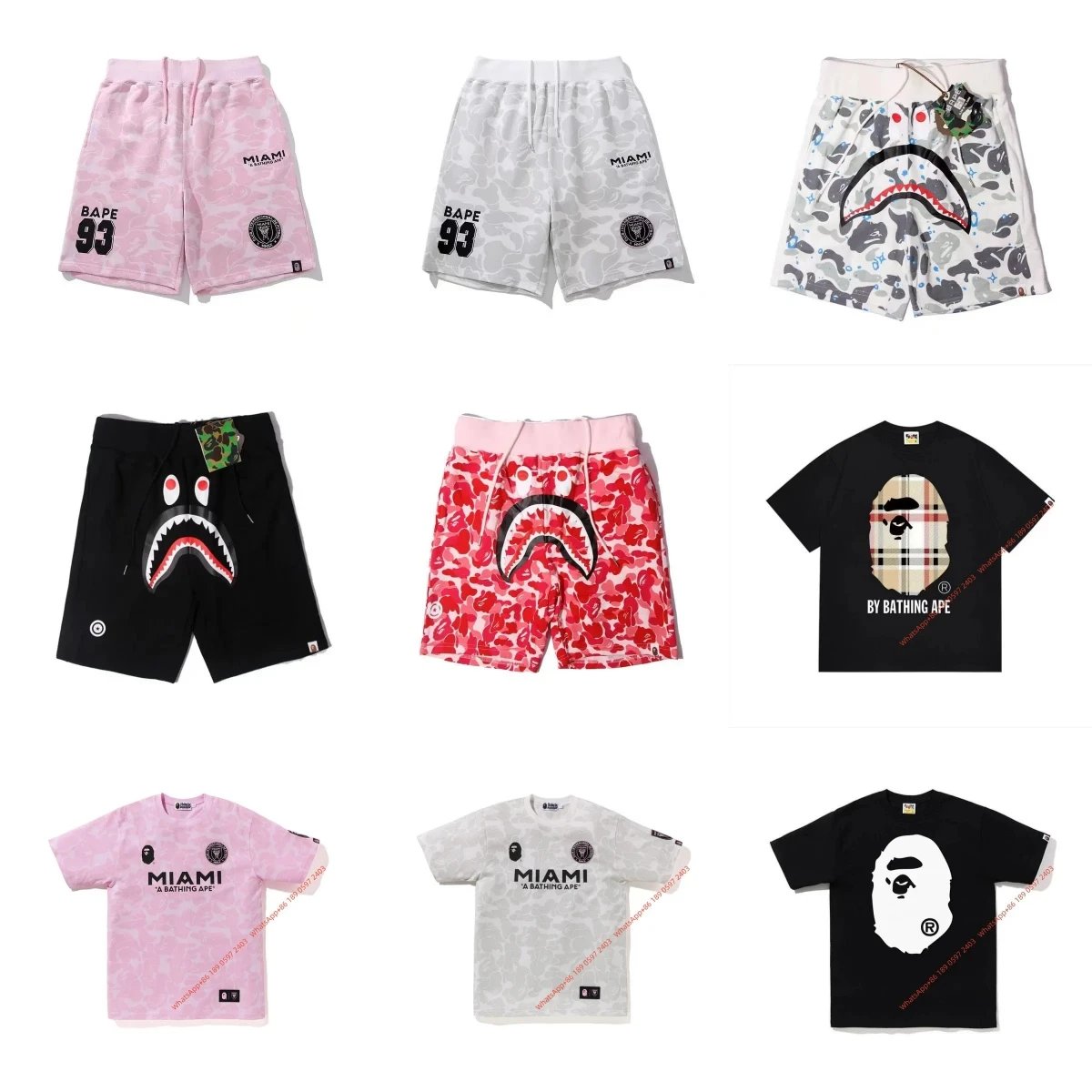 A BATHING APE Cotton shorts with camouflage print, shark mouth graphic, 'BAPE 93' text, and circular logo patch