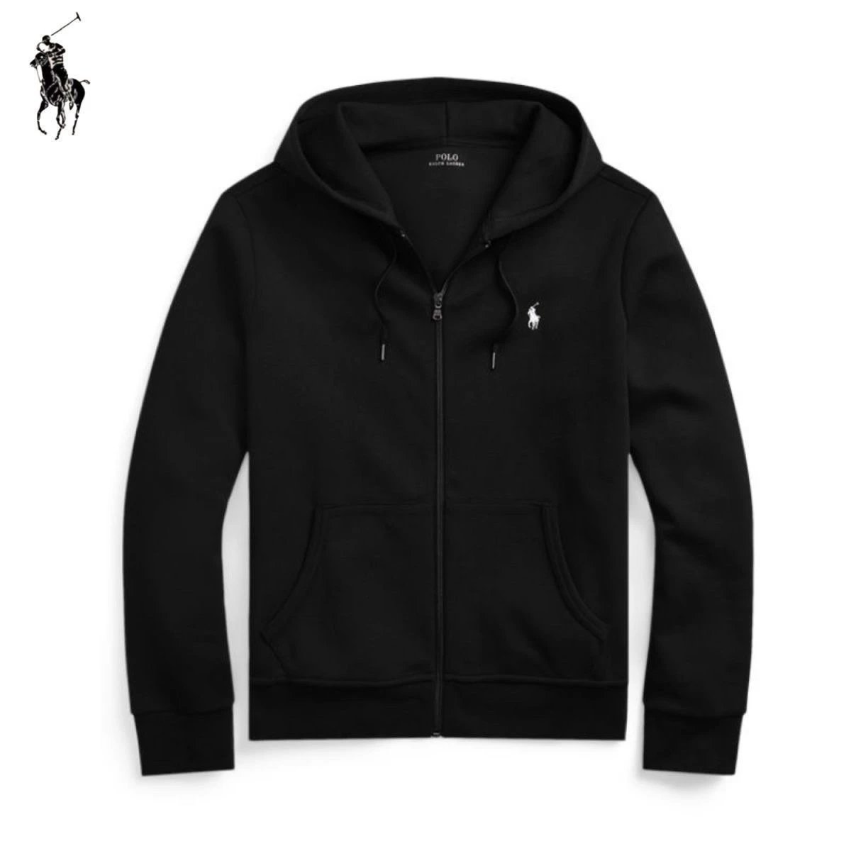 Regular black zip-up hoodie with white label