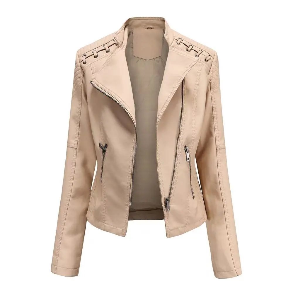 Design Moto-Style Quilted Shoulder Lace-Up Brown Faux Leather Jacket Outerwear.leather Jacket - 9