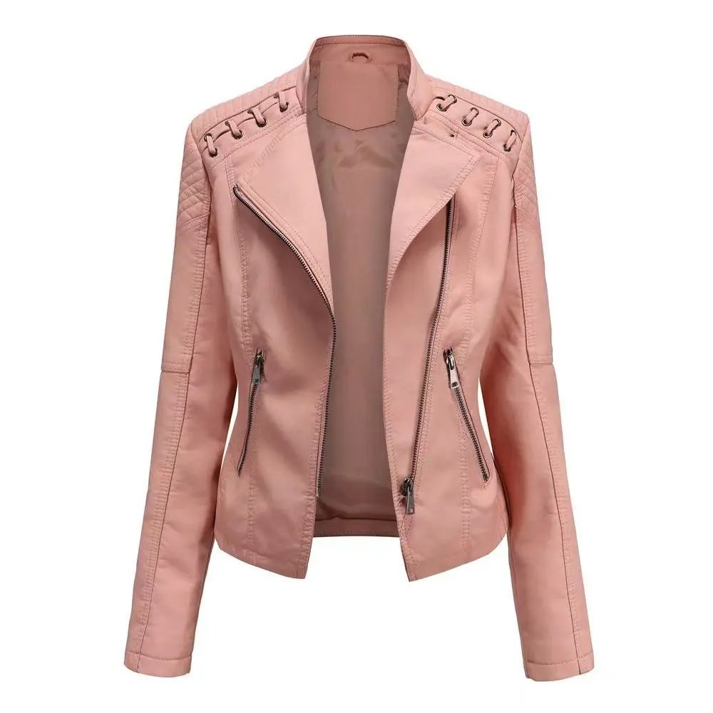 Design Moto-Style Quilted Shoulder Lace-Up Brown Faux Leather Jacket Outerwear.leather Jacket - 10