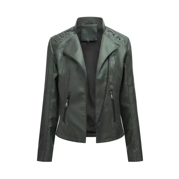 Design Moto-Style Faux Leather Jacket in Army Green Outerwear.leather Jacket - 1