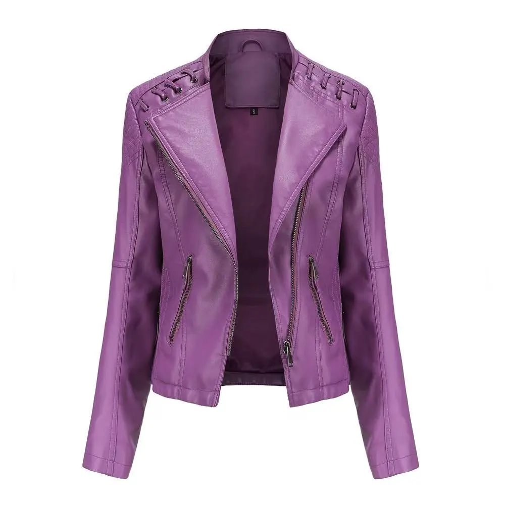Design Moto-Style Quilted Shoulder Lace-Up Brown Faux Leather Jacket Outerwear.leather Jacket - 11