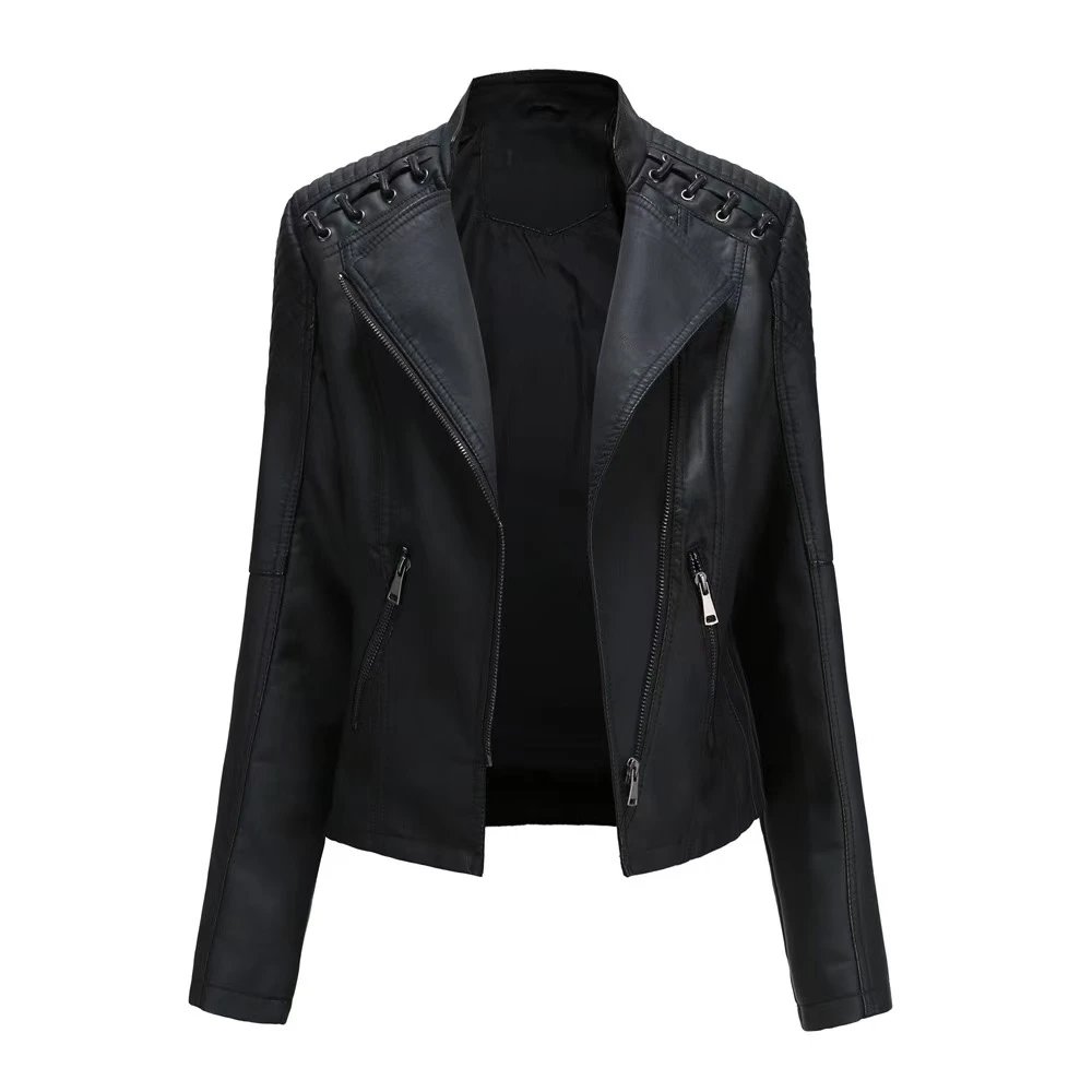 Design Moto-Style Quilted Shoulder Lace-Up Brown Faux Leather Jacket Outerwear.leather Jacket - 8