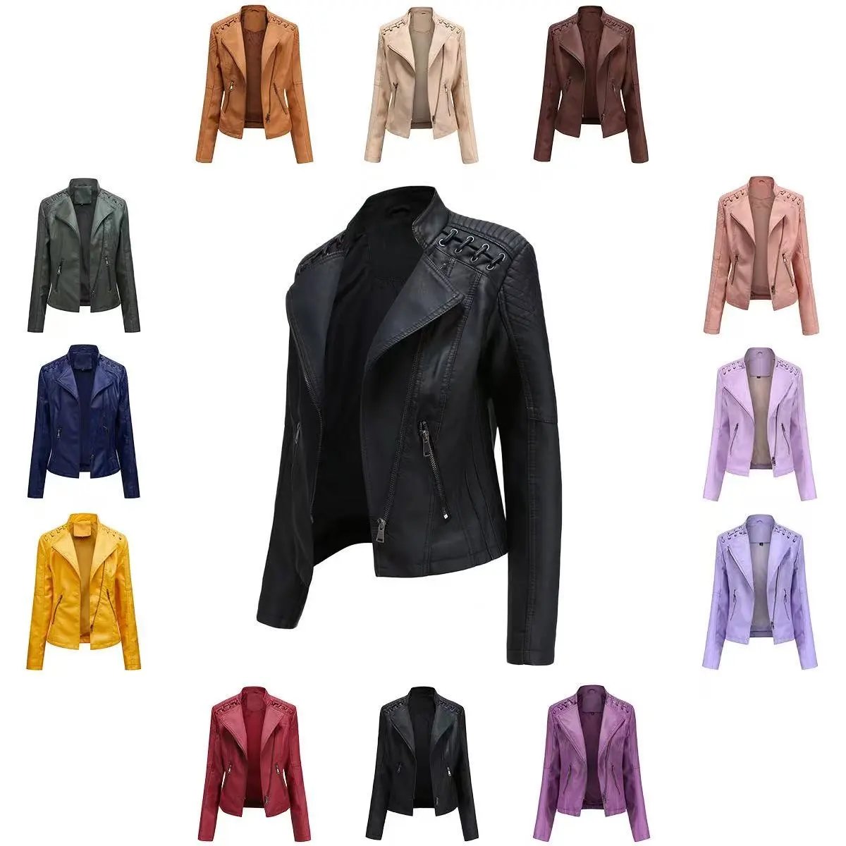 Design Moto-Style Quilted Shoulder Lace-Up Brown Faux Leather Jacket Outerwear.leather Jacket - 4