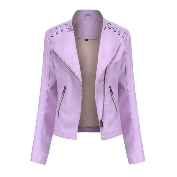 Design Moto-Style Lace-Up Detail Lavender Faux Leather Jacket Outerwear.leather Jacket - 1