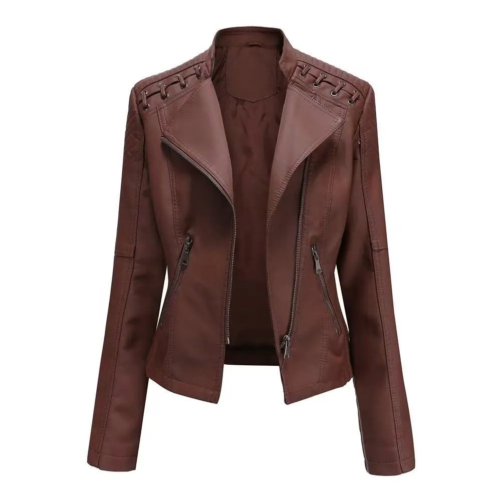 Design Moto-Style Quilted Shoulder Lace-Up Brown Faux Leather Jacket Outerwear.leather Jacket - 7