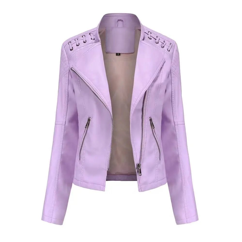 Design Moto-Style Quilted Shoulder Lace-Up Brown Faux Leather Jacket Outerwear.leather Jacket - 12