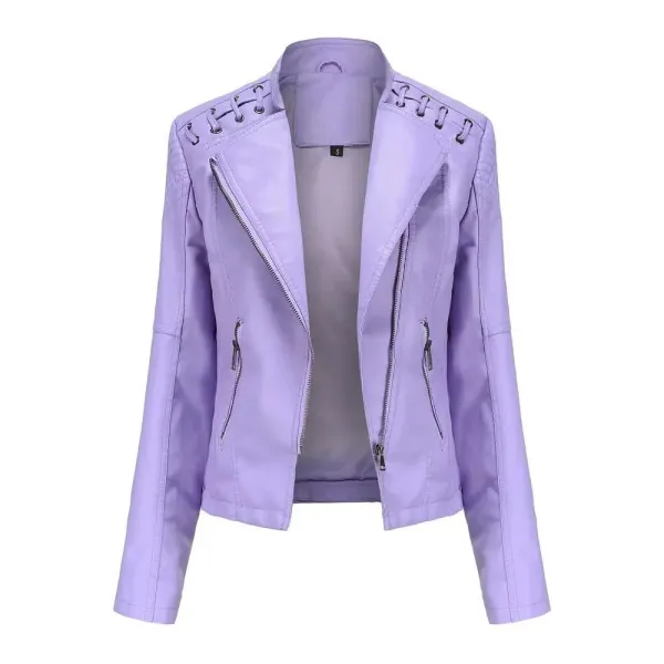 Design Moto-Style Lace-Up Detail Purple Faux Leather Jacket Outerwear.leather Jacket - 1
