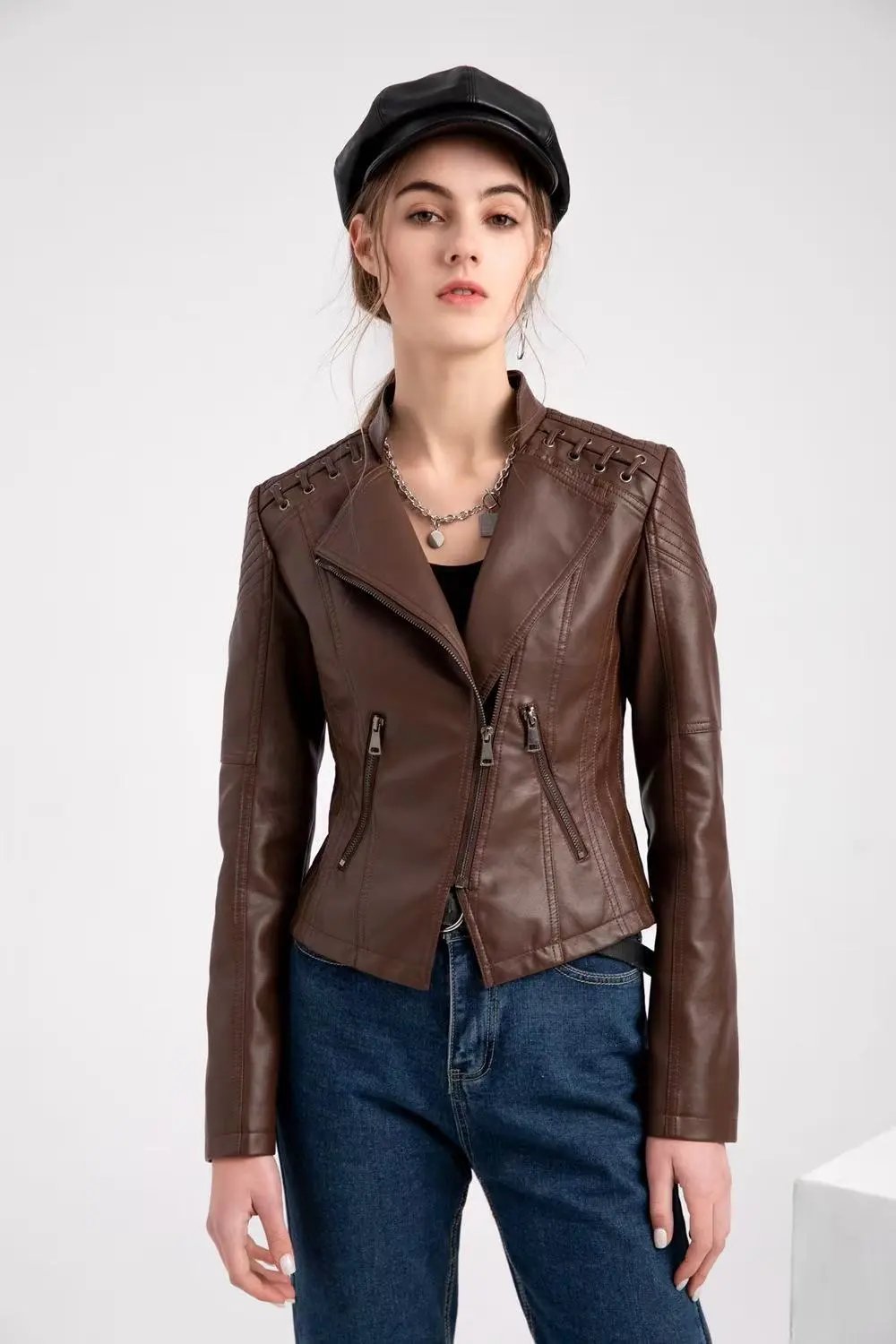Design Moto-Style Quilted Shoulder Lace-Up Brown Faux Leather Jacket Outerwear.leather Jacket - 21