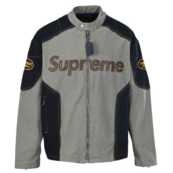 Supreme x Vanson Leather-Trimmed Denim Motorcycle Jacket Gray - 1