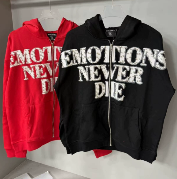Saint Mxxxxxx Mixed Emotions Emotions Never Die Zip Sweater Rhinestone Black