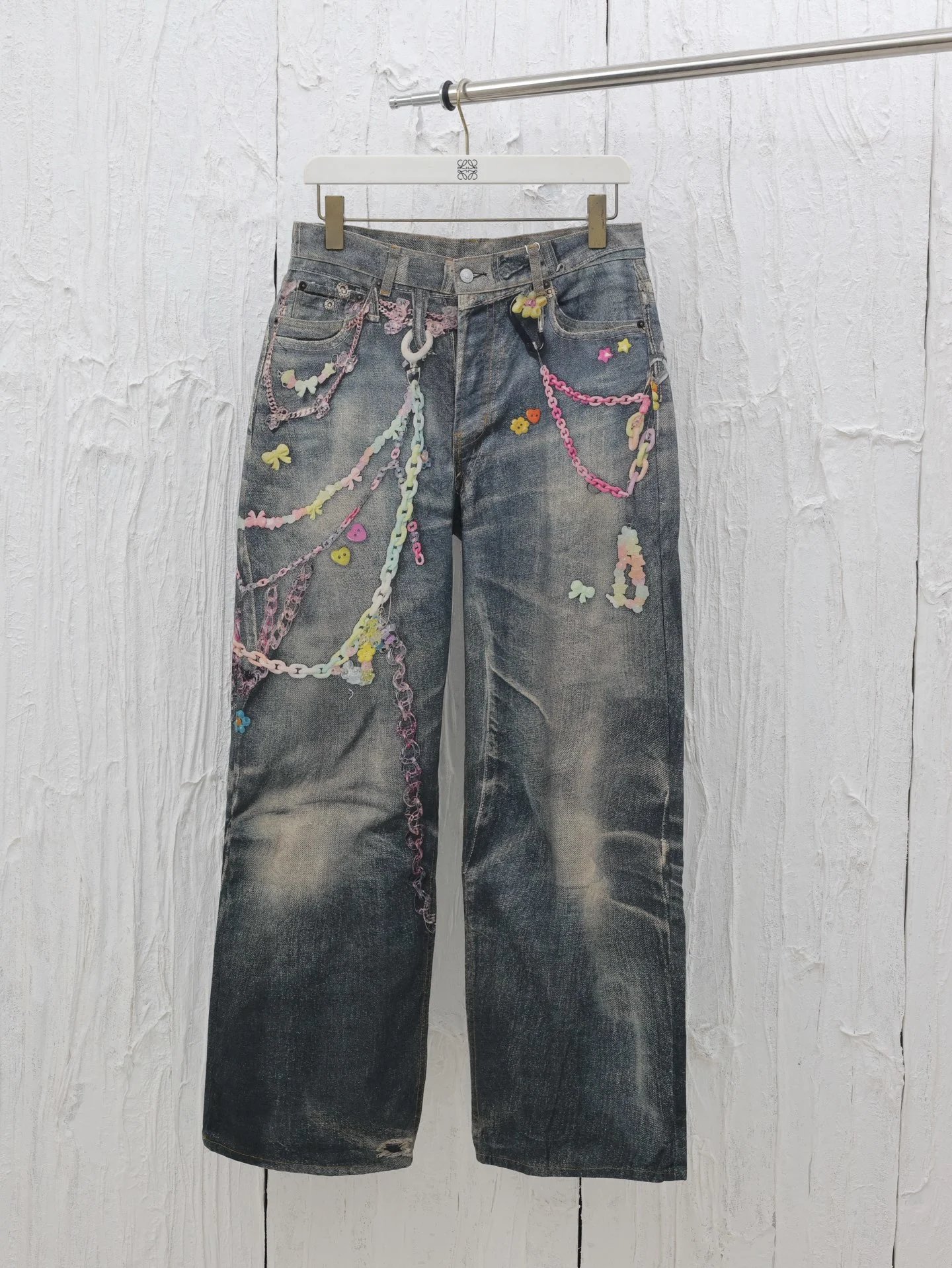 Loewe Chain-Embroidered Wide-Leg Denim Jeans - 000612