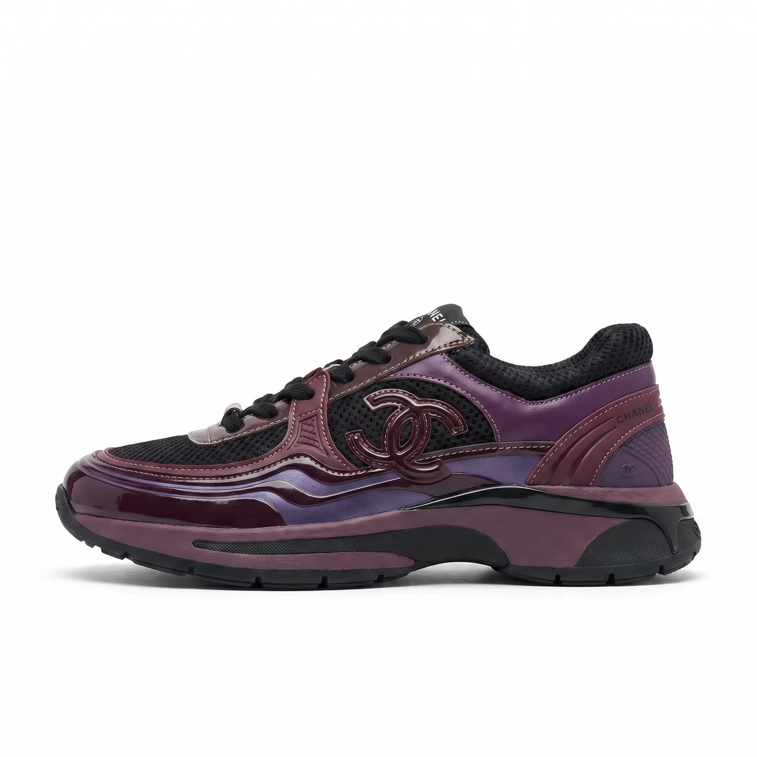 Chanel Sneakers Mesh Patent Leather Low CC Logo Purple Burgundy