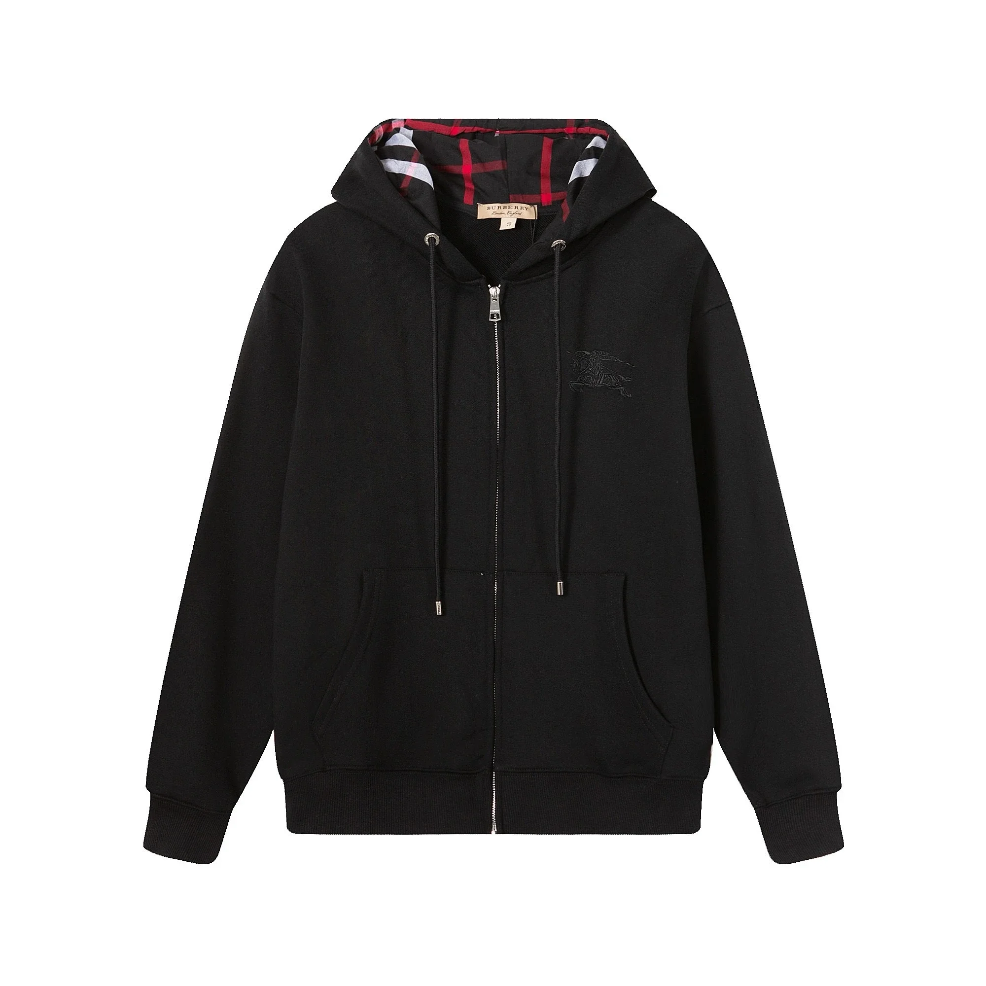 Burberry Zip-Front Cardigan Sweatshirt with Equestrian Knight Embroidery and Plaid-Lined Hood