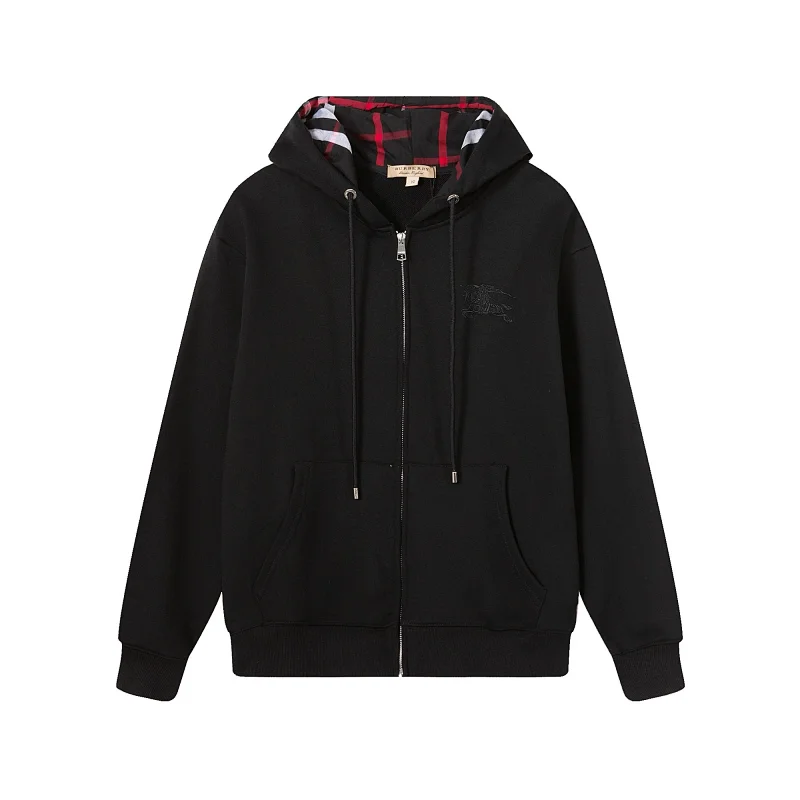 Burberry Zip-Front Cardigan Sweatshirt with Equestrian Knight Embroidery and Plaid-Lined Hood - rep bluzy z kapturem