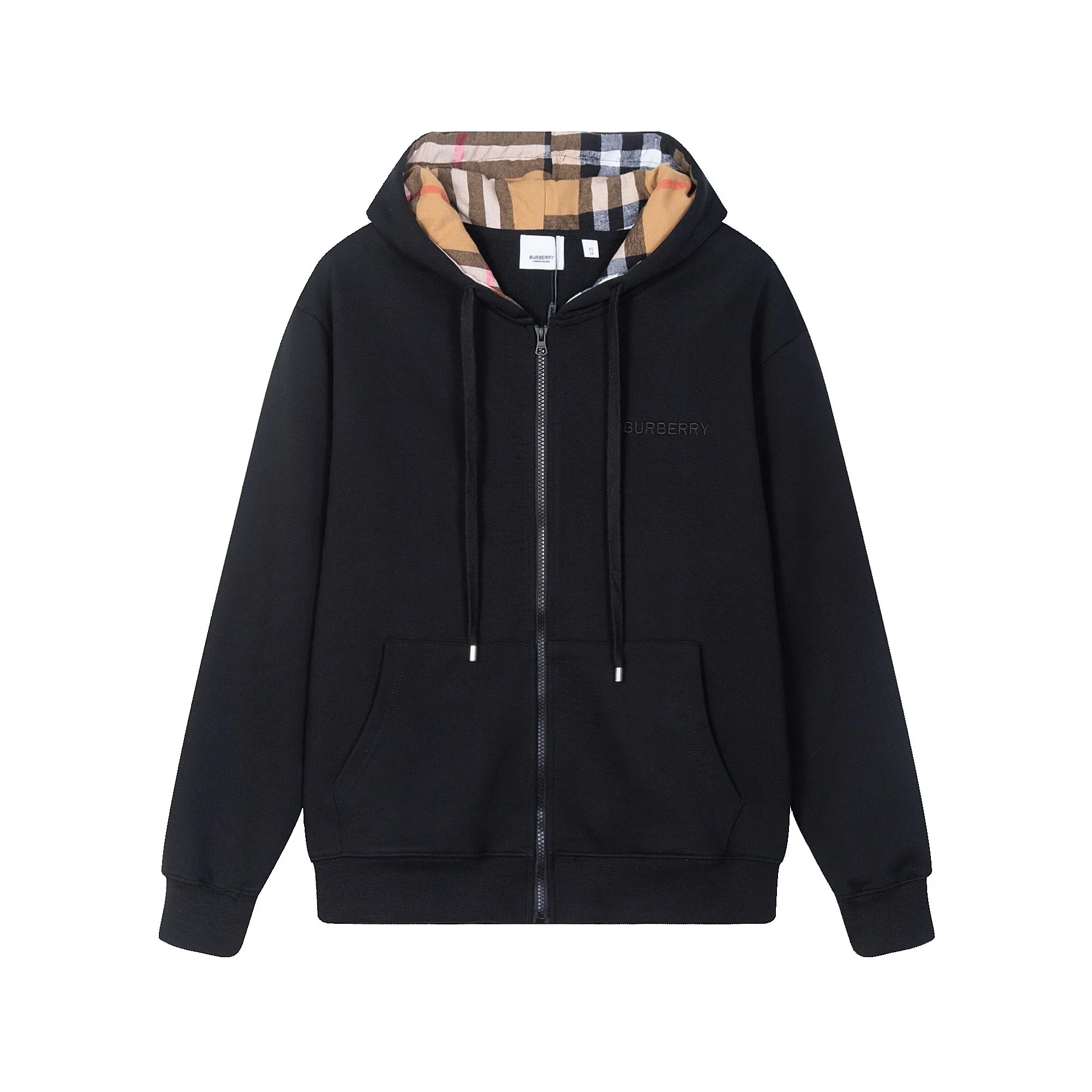 Burberry Black Zip-Up Hoodie with Plaid-Lined Hood - rep bluzy z kapturem
