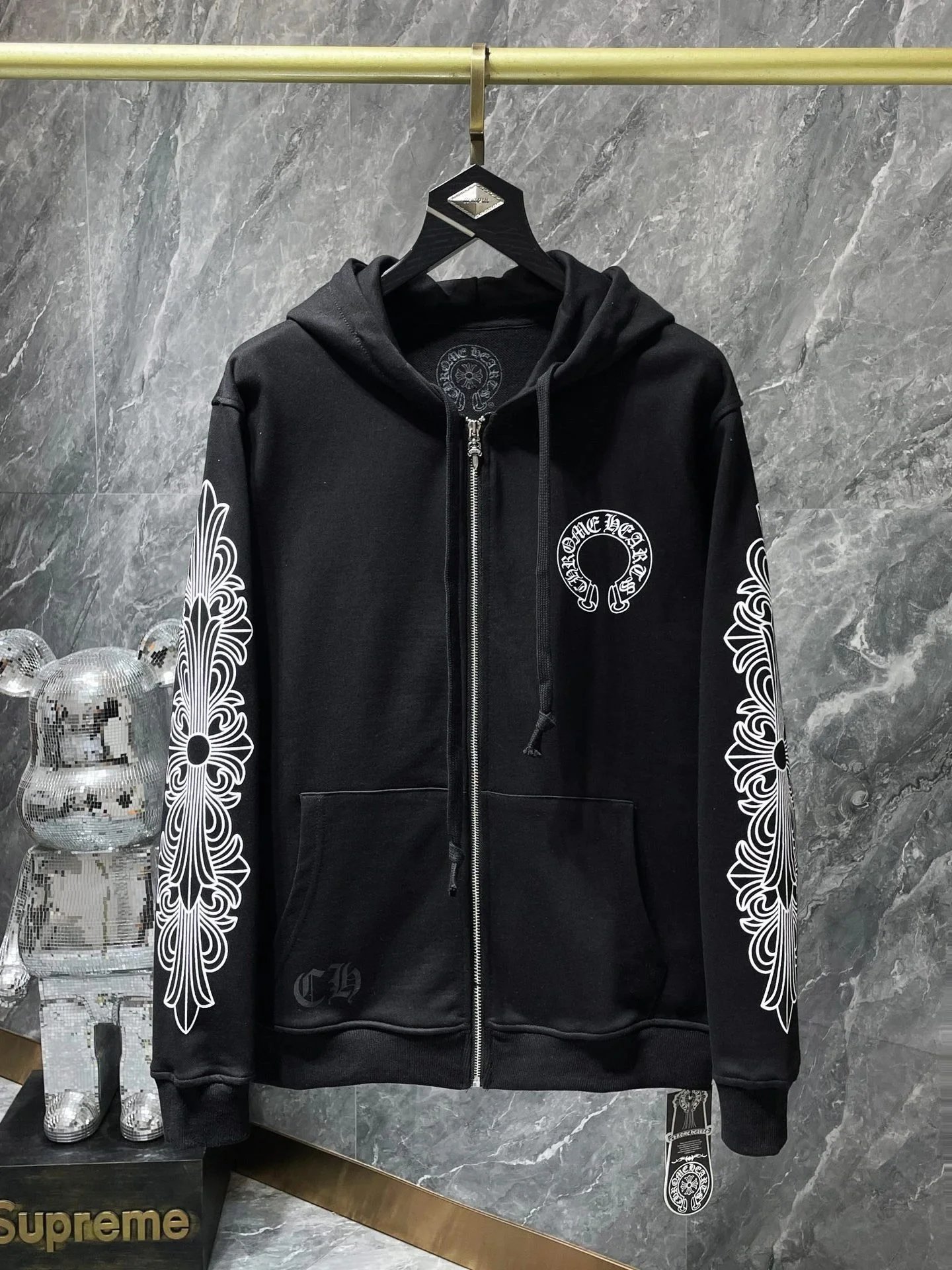 Chrome Hearts Horseshoe Floral Sleeve Zip Up Hoodie Black