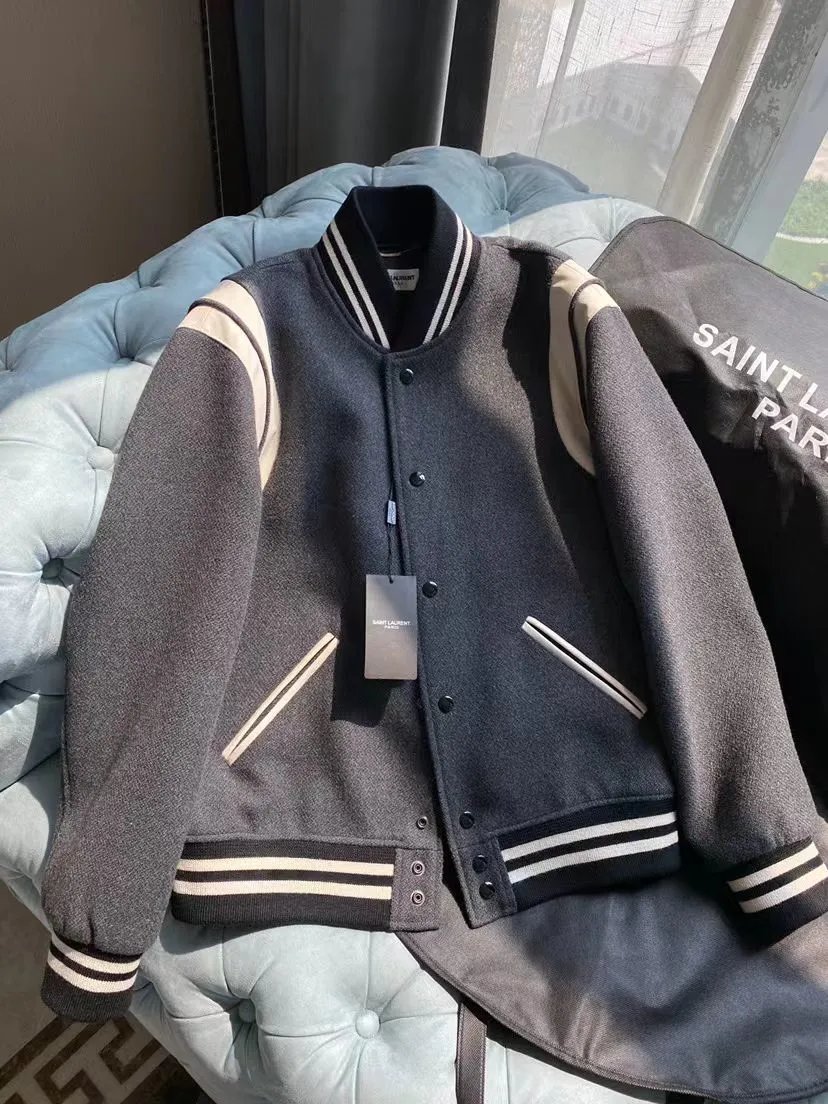 Saint Laurent Varsity Jacket Charcoal Grey Wool Leather Trim