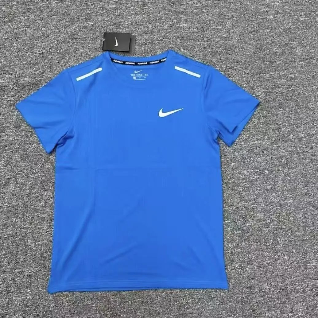 blue short-sleeved shirt