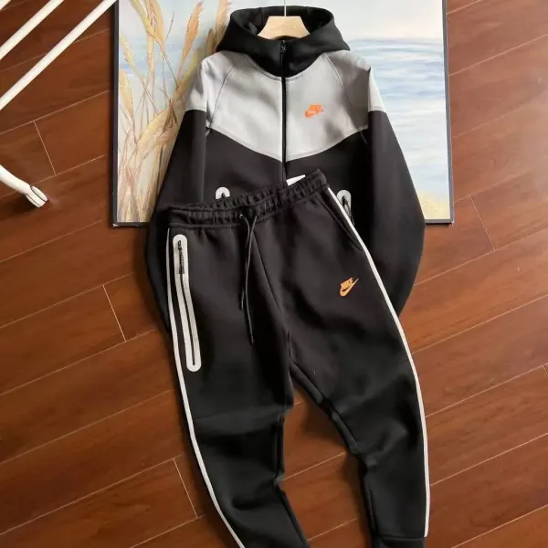 Nike Tech Fleece Hoodie and Joggers Black/Gray Orange Swoosh Tracksuit - 1