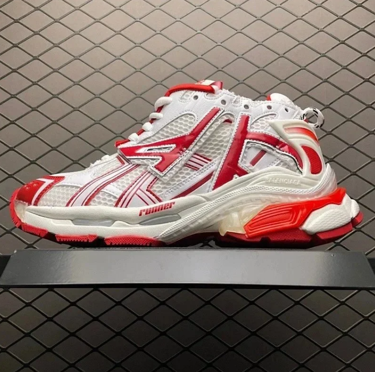 Runner dad's shoes are white and red