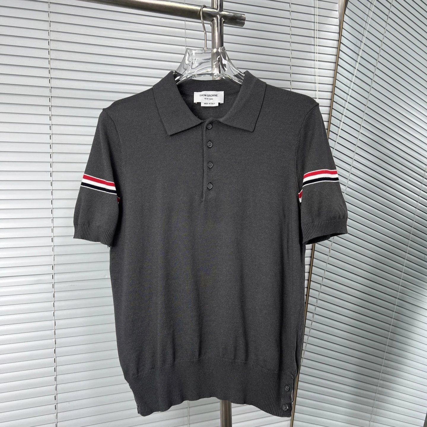 Thom Browne Shirts Button-Down with Tricolor Stripe Trim — Dark gray
