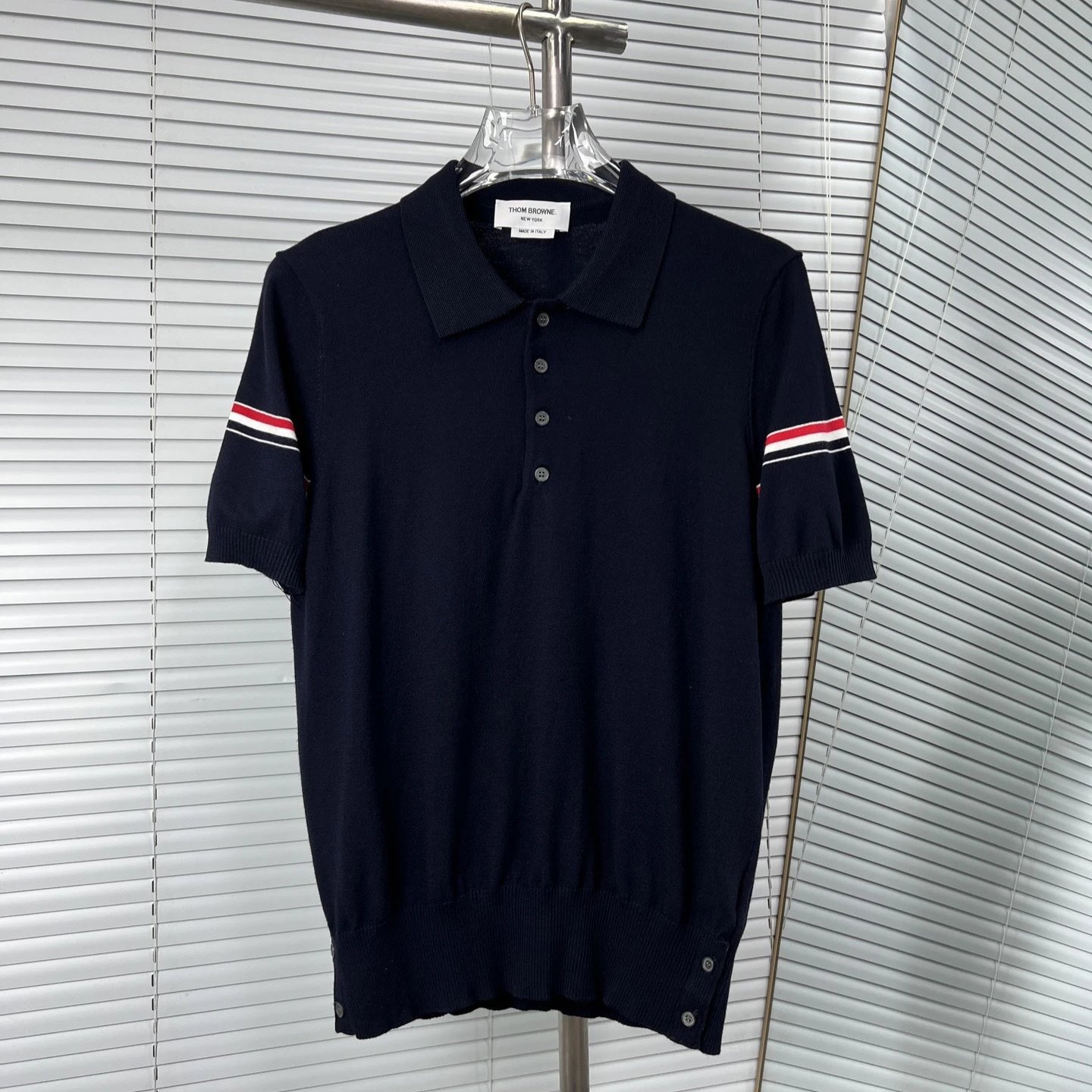 Thom Browne Shirts Button-Down with Tricolor Stripe Trim — Navy Blue