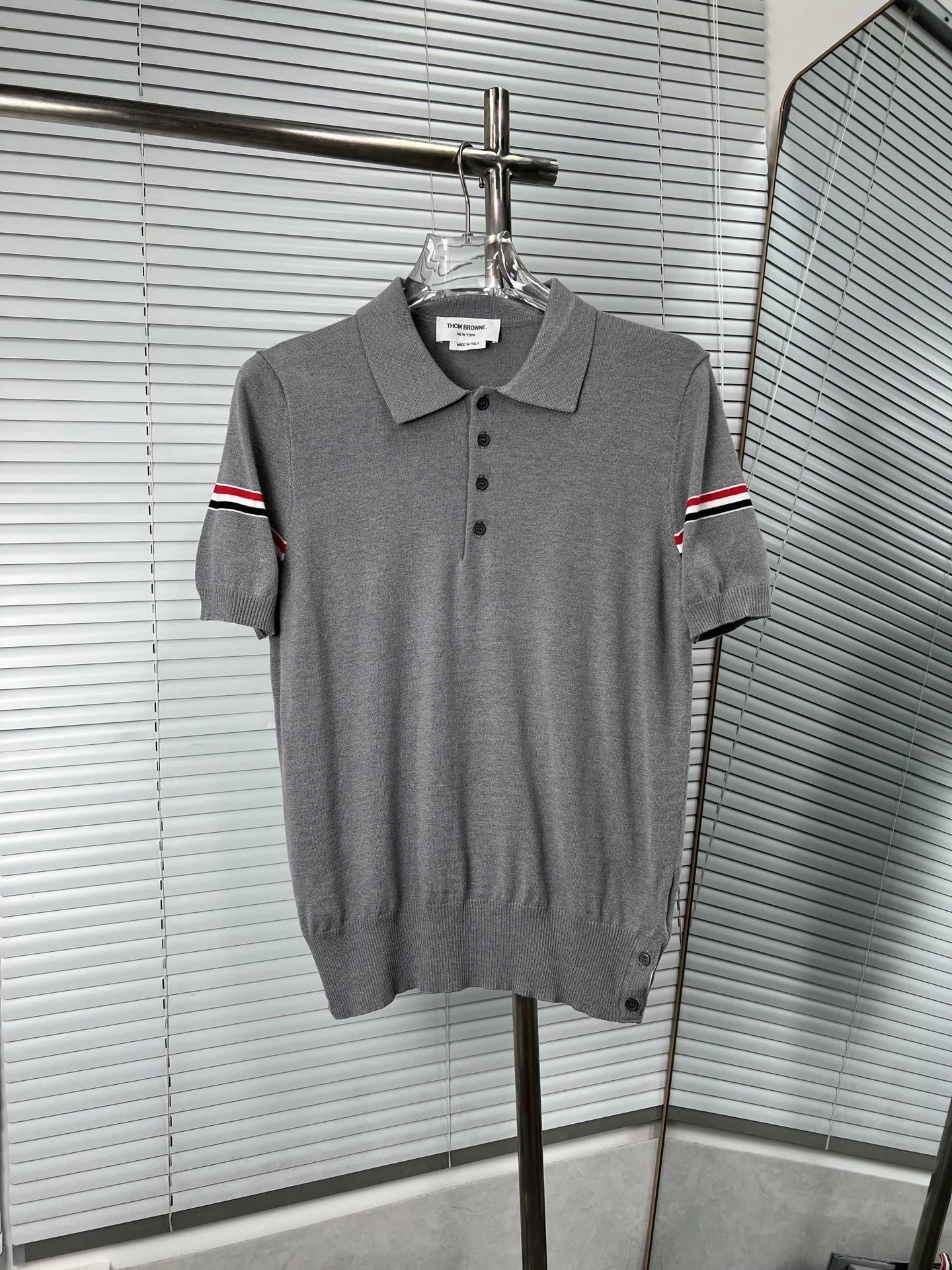 Thom Browne Shirts Button-Down with Tricolor Stripe Trim — Light gray