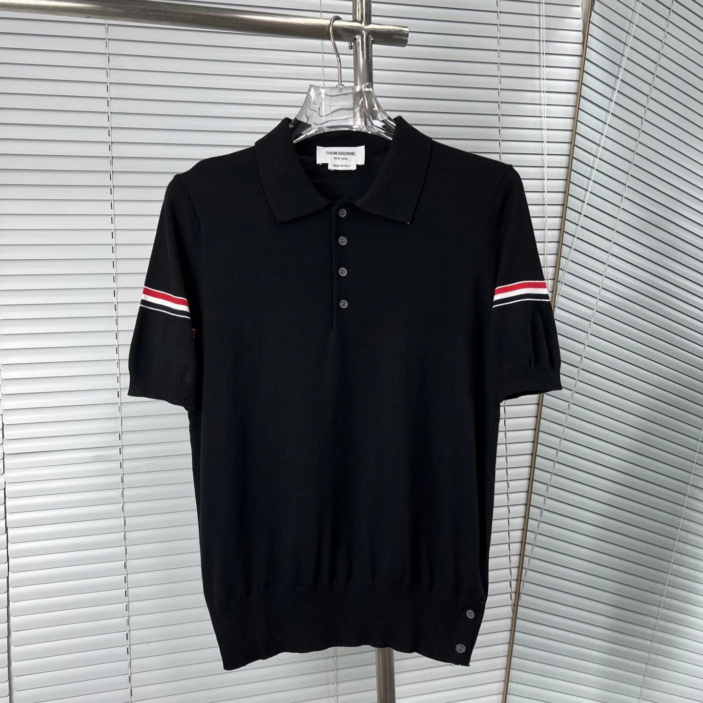 Thom Browne Shirts Button-Down with Tricolor Stripe Trim — Black