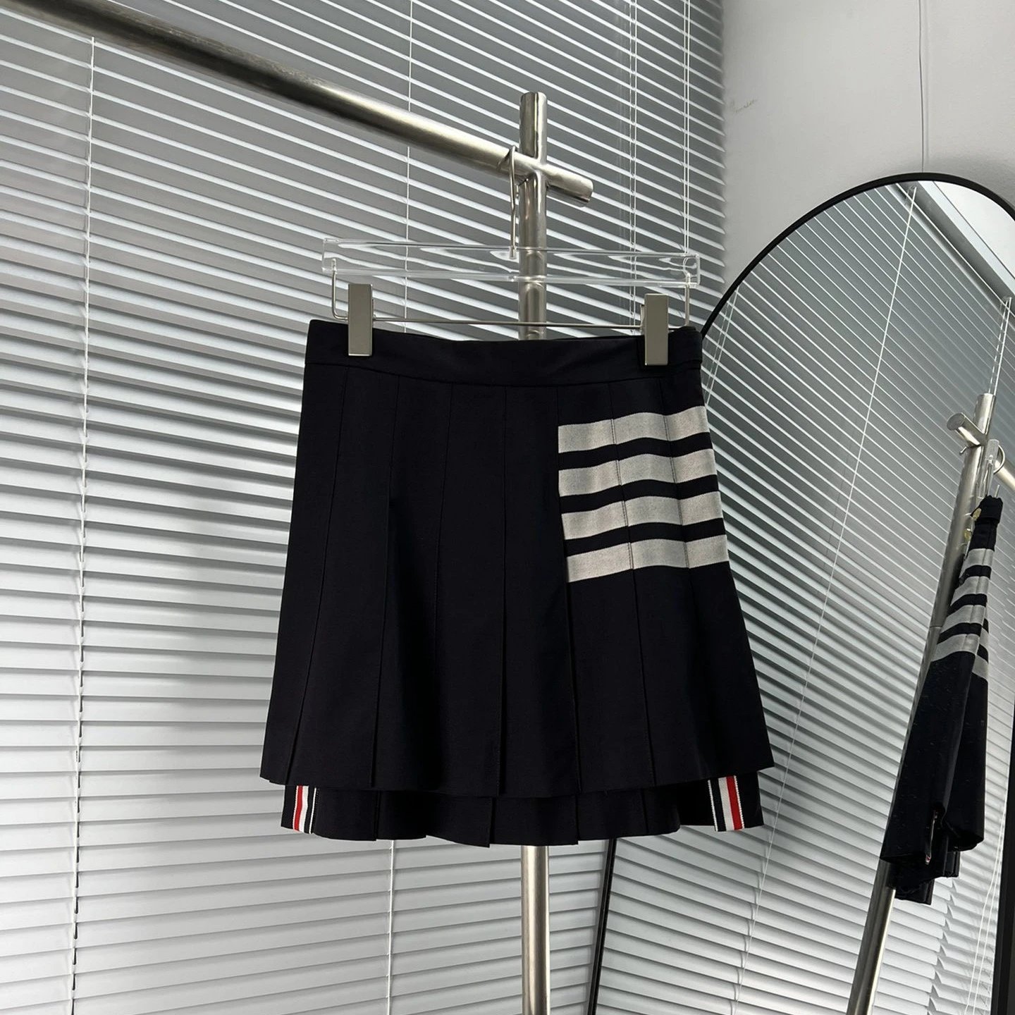 Thom Browne Shirts Button-Down with Tricolor Stripe Trim — Navy Blue Skirt