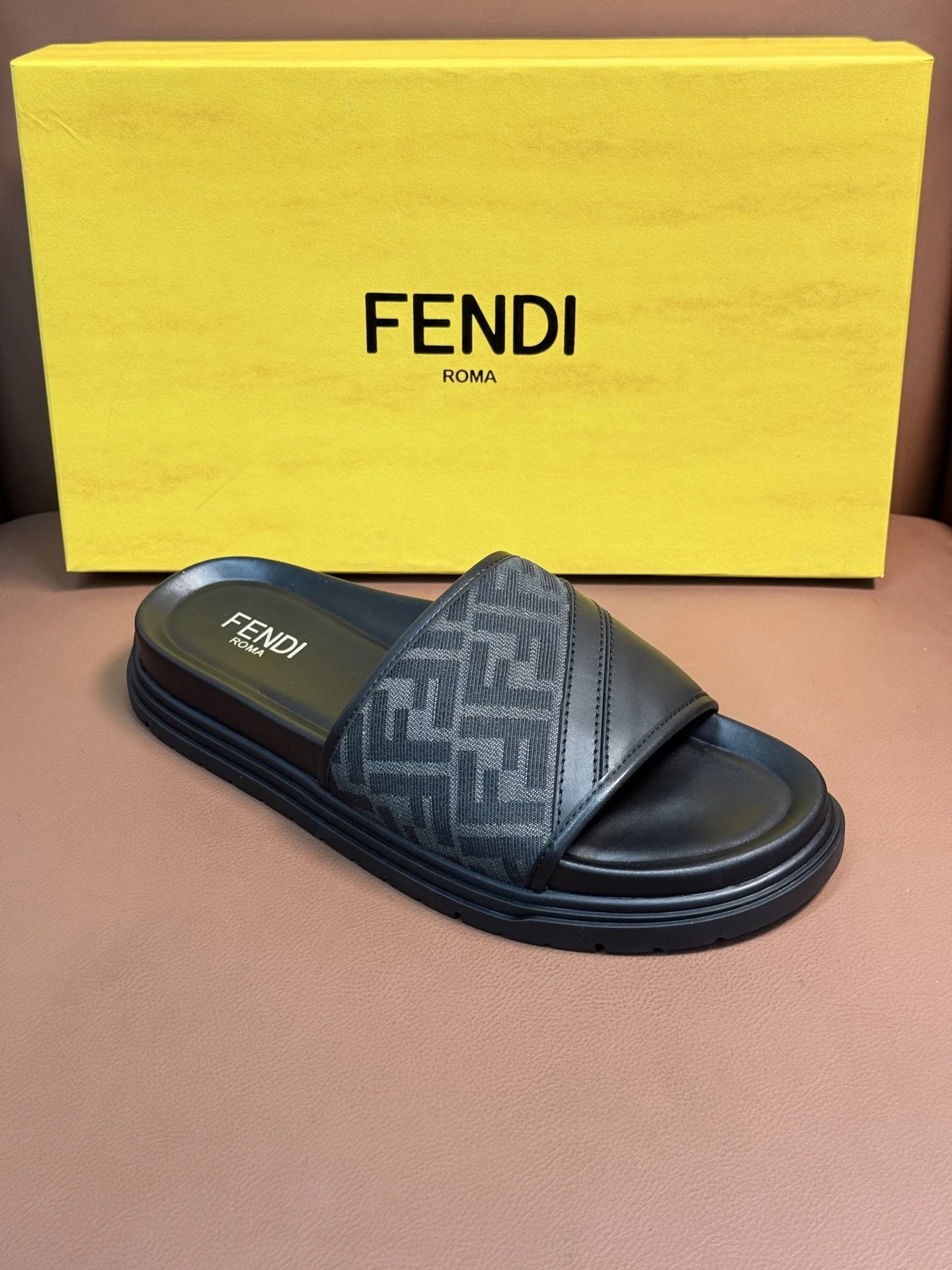 Fendi FF Logo Webbing Slide Sandals Black and Tan Slippers - 7