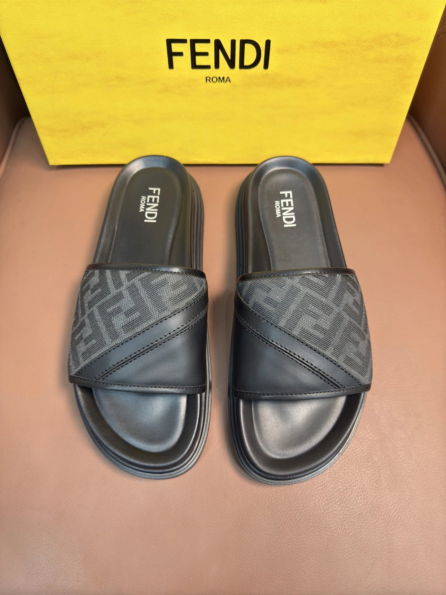 Fendi FF Logo Webbing Slide Sandals Black and Tan Slippers - 2