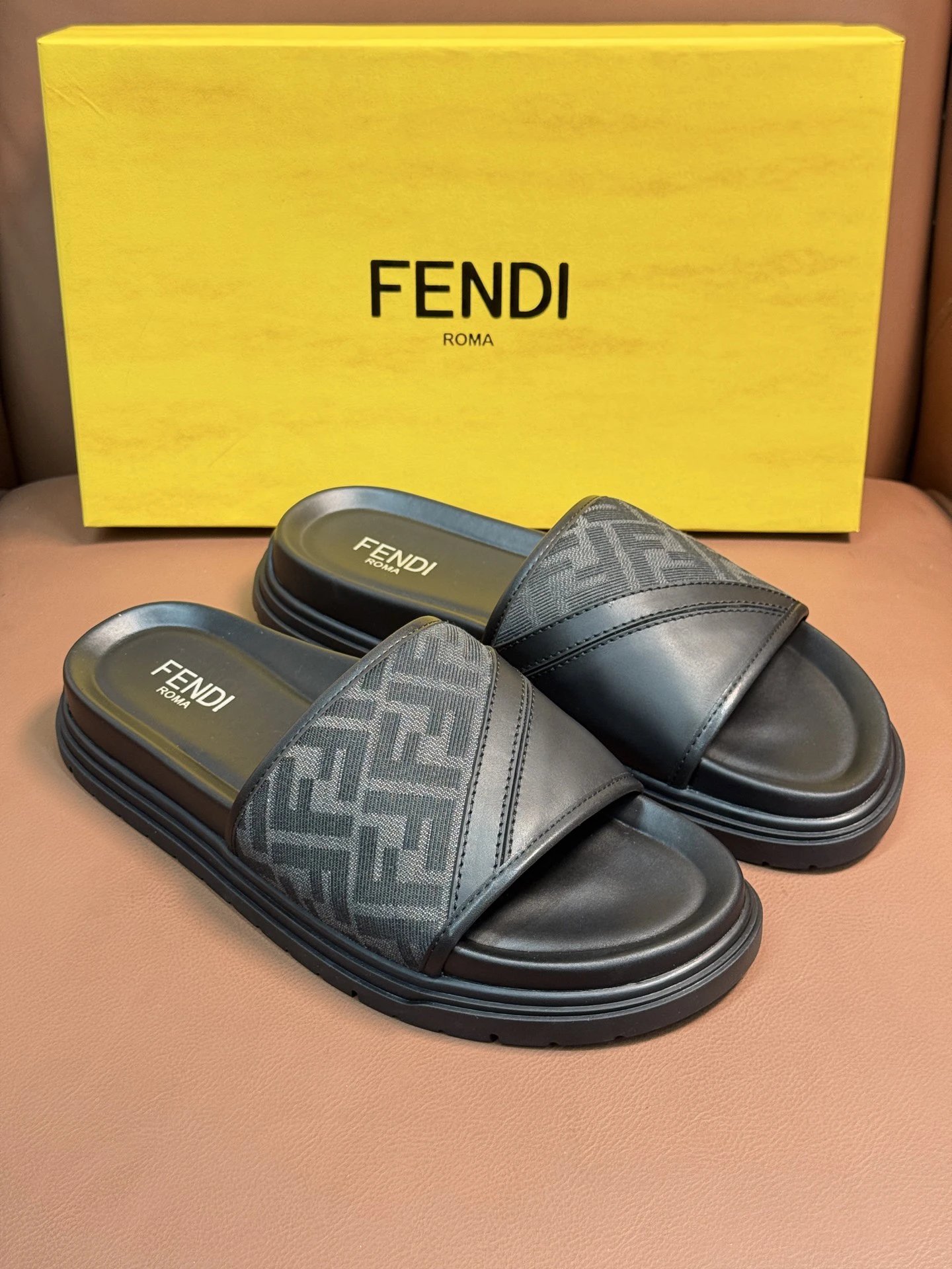 Fendi FF Logo Webbing Slide Sandals Black and Tan Slippers - 3